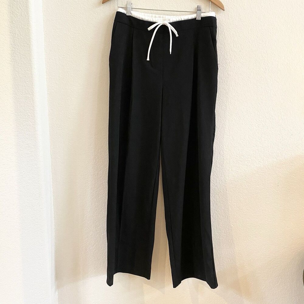 Zara Double Waisted Wide Leg Side Zip Black Drawstring Pants Size Medium - Picture 4 of 12